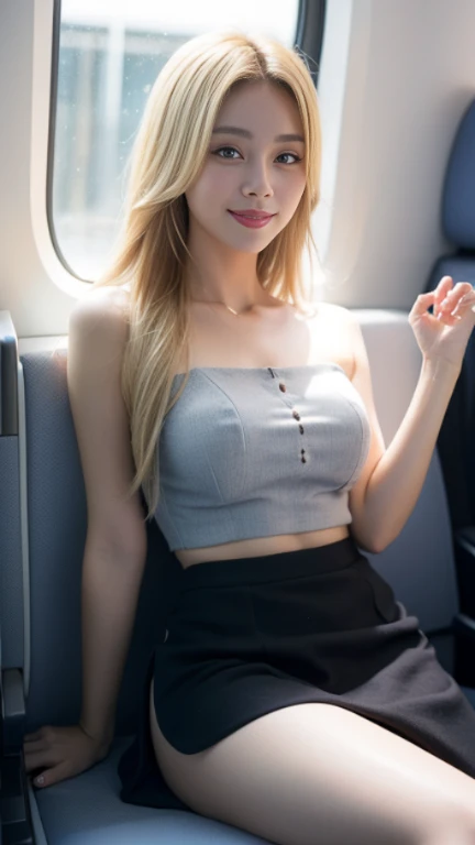 bullet train、Double piece in front of the face、Photographed from the front、smile、fun、A woman spreading her legs to show what's under her skirt、business class、Sunny outside the window、Selfie、Celebrity Fashion、Knitted bustier、bottomless、Pussy、(looking down, watching at Viewer:1.3),Crossing your legs,one woman,long hair,Blonde Hair、Angle from below、Man burying his face in a woman's crotch