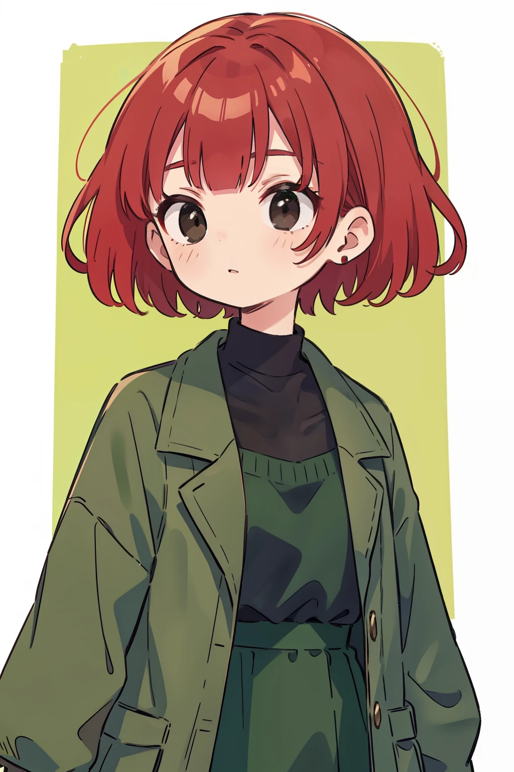 Young woman, Red hair, short hair, green bow, black eyes, green clothes, clothes with brown elements.
