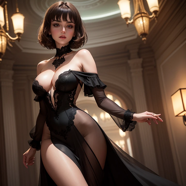 Paulina Andreeva with short light brown short hair, short straight bangs, light green eyes, elegant and perfect lips, looking at the viewer, in a black sensual gothic dress with red details, cleavage, night scene