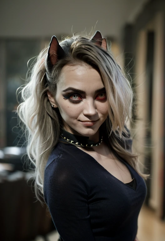 Meisterwerk, best quality, female anthropologist Loona Hellhound, Abonnieren, detailliertes Gesicht, (detaillierte Augen, geschlitzte Pupillen, White eyes:1.2), rote Sklera, smile, [Stachelhalsband, Pentagramm], (Hundenase:0.7), Hundeohren, hair over ein Auge, Big hair, wallende Haare, ein Auge, ein sichtbares Auge, Nur Zwerchfell