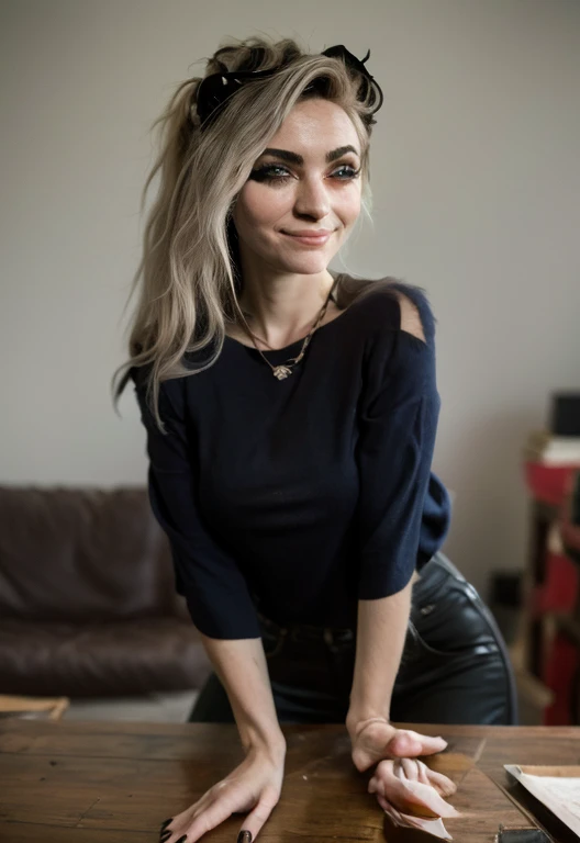 Meisterwerk, best quality, female anthropologist Loona Hellhound, Abonnieren, detailliertes Gesicht, (detaillierte Augen, geschlitzte Pupillen, White eyes:1.2), rote Sklera, smile, [Stachelhalsband, Pentagramm], (Hundenase:0.7), Hundeohren, hair over ein Auge, Big hair, wallende Haare, ein Auge, ein sichtbares Auge, Nur Zwerchfell