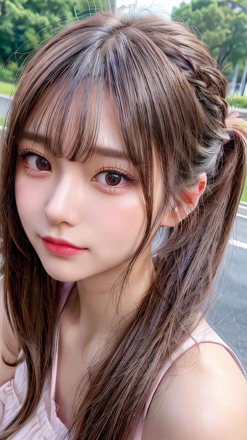 Close-up of face,Blushing,Facing forward,Close-up of face,Small breasts,,Long hair ponytail,concert,On stage,((8K, Raw photo, Best Quality, Mastepiece:1.2), (Realism, Photorealistic:1.4), (Highly detailed 8K wallpapers), Depth of written boundary, Cinematic Lighting, Soft Light, Detailed Beauty Eye,Shiny and smooth light brown ponytail, Asymmetrical bangs, Shiny skin, Ultra-detailed skins ,It is high resolution., High detail, Detailed hairstyle, Detailed facial beauty, Hyper-realistic, Perfect limbs, Perfect Anatomy ,1 Japanese girl,Famous Japanese Idols, Perfect female body,A shy smile,Short eyelashes,Double-edged eyelids,Look straight here,Hair style: ponytail、She is wearing a skirt with lots of frills,pose is random,Pink frilly dress,Close-up of face