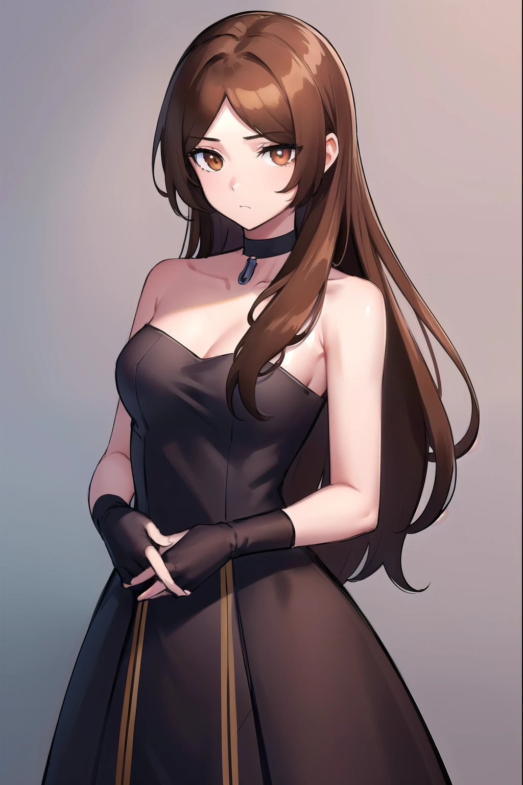 He gave me style, so, long hair, brown hair, hair between eyes, (brown eyes:1.5),
break gloves, dress, curtsey, bare shoulders, clavicle, hair curtsey, choker, black gloves, elcurtsey gloves, black dress, strapless, black curtsey, black choker, strapless dress,
break looking at viewer,
break indoors, (cowboy shot:1.5),
break (masterpiece:1.2), best quality, high resolution, unity 8k wallpaper, (illustration:0.8), (beautiful and delicate eyes:1.6), very detailed face, perfect lighting, Highly detailed CG, (perfect hands, complete anatomy),