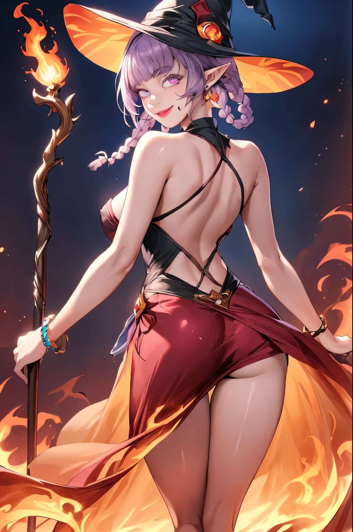 realistic, perfect eyes:1.2, detailed eyes:1.4, holding staff, wizard staff, smile, short_hair, twin_braids, earrings, phoenix dress, fire, short ress, flames, jewelry, bracelet, clothing cutout, light purple hair, heterochromia, yellow and purple eyes, ass, pointy ears, elf ears, from behind , witch hat, cleavage, 1girl, solo, (masterpiece:1.6, best quality),