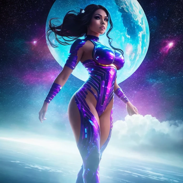 A busty woman, aged 40, from Malaysia, wearing a sexy space micro bikini with a hijab covering her hair, is looking out of a window on her spaceship. The window overlooks a blurred motion of the outside, indicating a high-speed interstellar journey. The woman's confident gaze and the expression on her face suggest a sense of adventure and excitement. The window is surrounded by blinking lights and high-tech gadgets, showcasing the advanced technology and futuristic aesthetic of the spaceship. The lights create a mesmerizing display, illuminating the woman's face and highlighting her intriguing presence. The space suit she wears sexy, small, sleek and form-fitting, emphasizing her curves and adding to the overall sensuality of the scene. The colors in the artwork are vibrant and dynamic, representing the vastness and beauty of the cosmos. Soft, ethereal blues and purples dominate the color palette, with occasional pops of bright and vivid colors. The lighting inside the spaceship is dim and atmospheric, casting dramatic shadows and enhancing the overall ambiance of the scene. The space ship itself is a marvel of engineering and design, with clean lines and futuristic shapes, seamlessly blending function and aesthetics. Overall, the prompt captures a compelling mix of sensuality and high-tech futurism, creating a visually stunning and captivating scene.