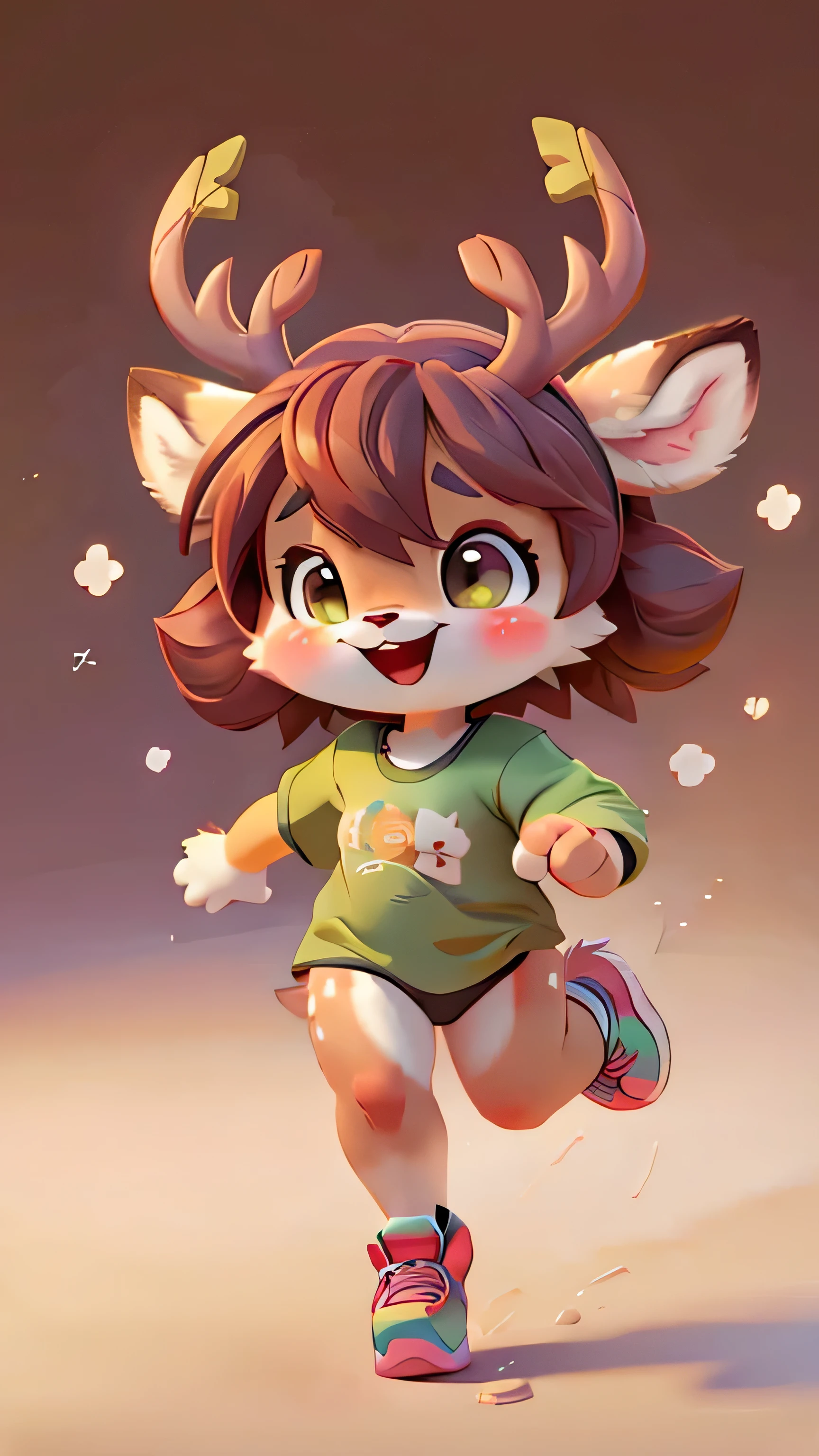 Little deer, cute, cheerful, wearing a green t-shirt, wearing running shoes, running happily, with no background.