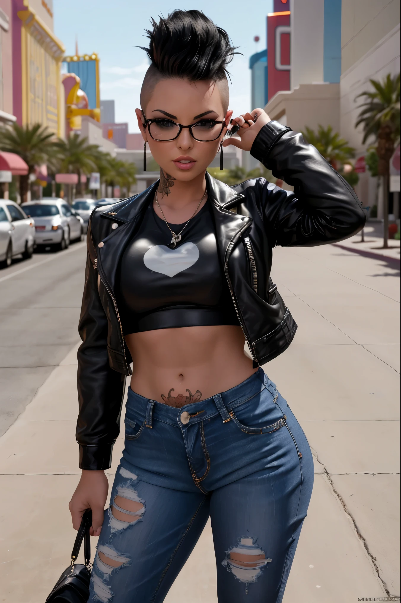 film photo ChristyMackQuiron woman, peinado Mohawk, mohawk hair, black hair, pelo negro, realista, a woman Shot putwearing a crop top and tight jeans walking on Las Vegas, short crop top, ahort black leather jacket, chaqueta de cuero negro corta, vaqueros apretados, heels, tacones , de buen tono, 35mm photography, Movie, bokeh, profesional, 4k, muy detallado, Las Vegas