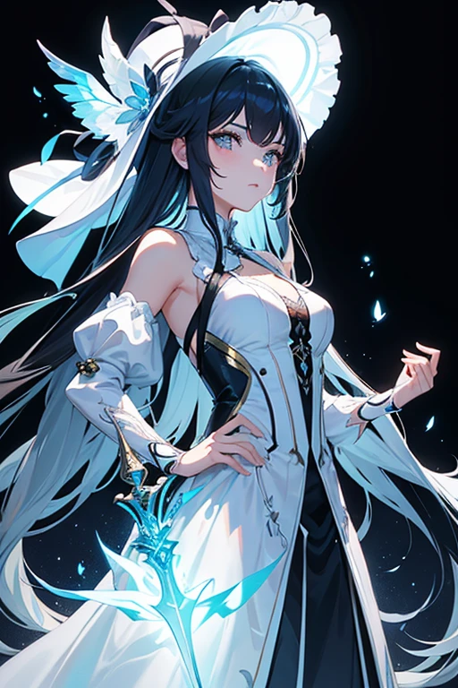 (Obra maestra:1.2), Mejor calidad, (illustration:1.2), (ultra detallado), hiper detalles, (delicado detallado), (detalles intrincados), (cinematic light, Mejor calidad Backlights), Delete line, solista, Cuerpo perfecto, (1 chica),anime a elegant girl, hat cap detailed glowing ribbon ultra detailed, style detailed, most beatiful, soft delicatessen hair,translucent dressing Phantom, long soft dressing,detailed glowing drawing(glowing color hands). black and white. Poster Original ink press octane render digital art stylized, standing in front of the with her magical sword and sword to release blue flame, cool black dregon tattoo on neck and who cut through infinity, she who has touched the void, (constituir), alto contraste, (mejor iluminacion, un extremadamente creado y hermoso), (cinematic light), vistoso,