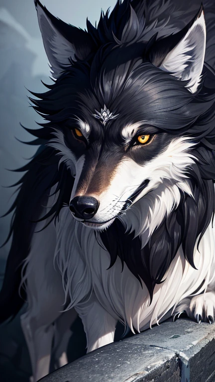 Extrem detailliertes Bild,Meisterwerk,The best quality,extremer Realismus mit vielen Details,6-headed wolf,aus der Dunkelheit auftauchen,in a very spooky city of the 60s,Wolves with thick black fur,durchdringende rote Augen, die im Dunkeln leuchten,dunkles und gutturales Knurren,Angriffshaltung,richtiges Profil,