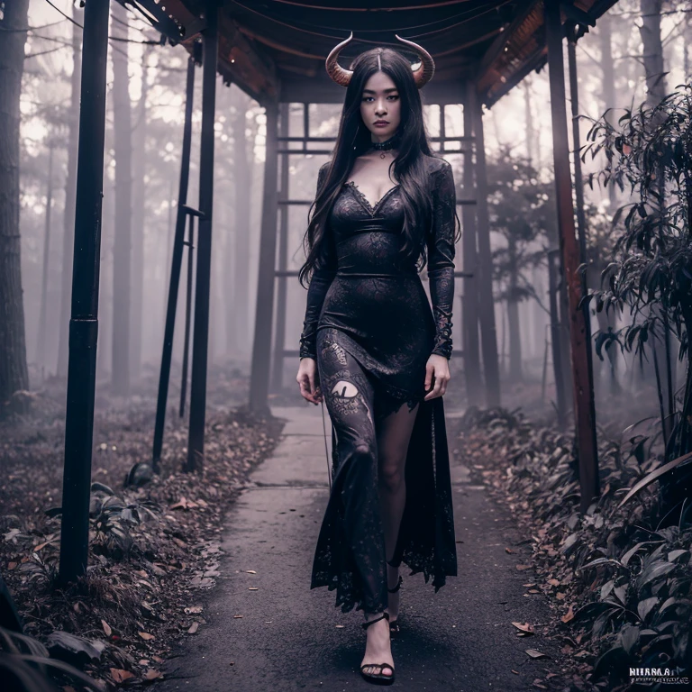 1 female demon, Japanese, Asian eyes, horned, ultra-detailed face and eyes, hyper-realistic, realistic depiction, 30 years old, wearing a long black dress, she is walking through hell, winged demons can be seen behind her, full body view