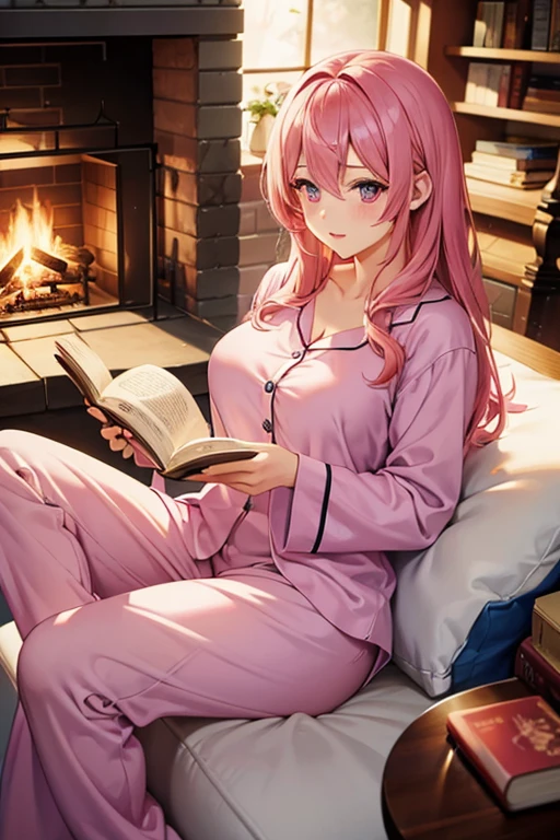 A pink haired woman with violet eyes with an hourglass figure in cute pajamas is reading a book by a fireplace