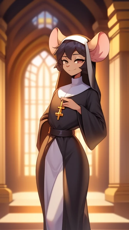 Best quality, super detailed illustration, warm colors, Ideal lighting, (fluffy mouse boy:1.4) , feminine face and body, disheveled thick hair, a nun&#39;ROBE, beautiful temple background, smug smile, half-closed eyes , femboy, small waist, wide hips, slim, perfect body, style &quot;DND&quot;