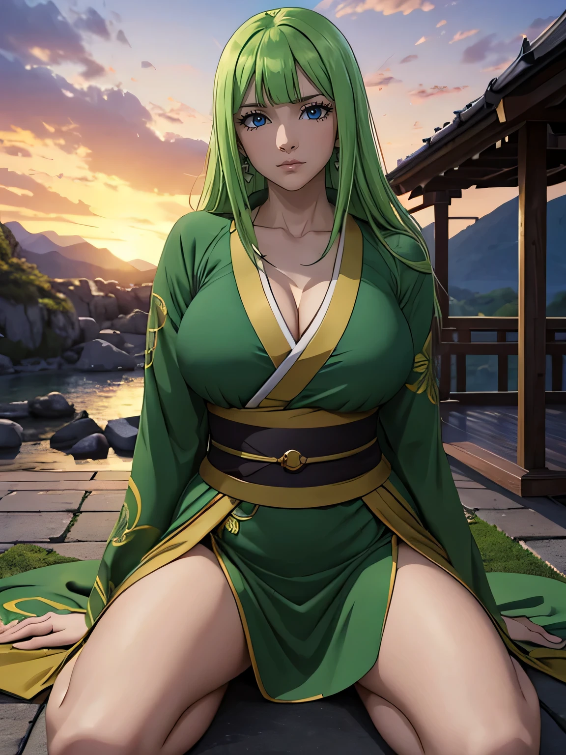 , 1 (Realistic drawing), 8K,ultra,Young woman,light green hair,green eyes,sitting on his knees,I look at the viewer, anime coloring pages, on open air, traditional or waving clothes, (kimono),(Best quality,4k,8K,a high resolution,masterpiece:1.2),realistic,ultra detailed,sexual,Irene Belserion (Fairy Tail)dark green eyes,excited facial expression,((big 1.2)),sitting,severed heads of enemies on the ground,dynamic action pose,power and authority,fatal blows and parries,strong female protagonist,,determination in her eyes,confident and fearless,scenic sunset lighting,Bright colors,muscular build,slim and fit figure,epic fantasy work,sexy,(Kimano),I will give