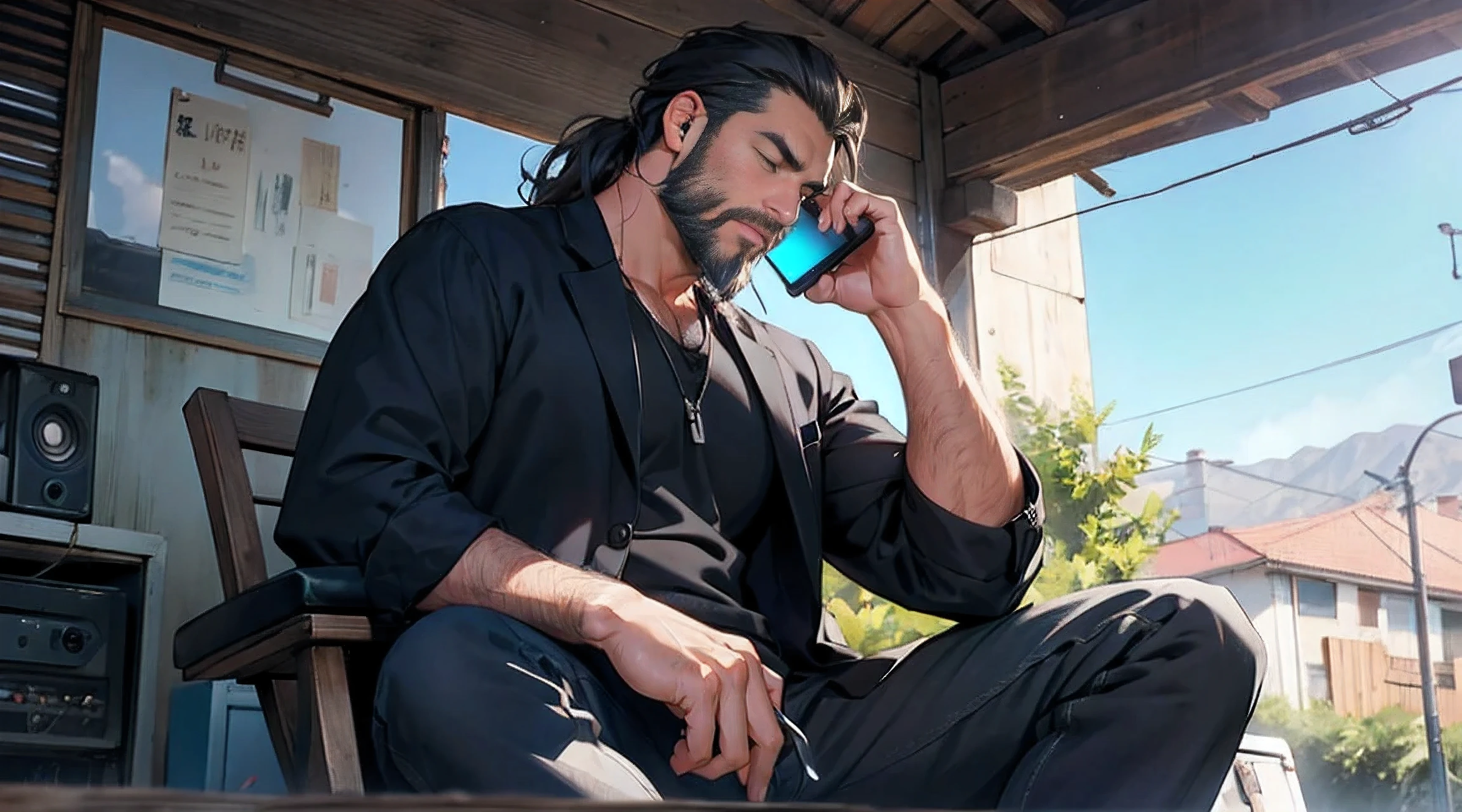 A handsome middle-aged man with a beard listening to music、relax