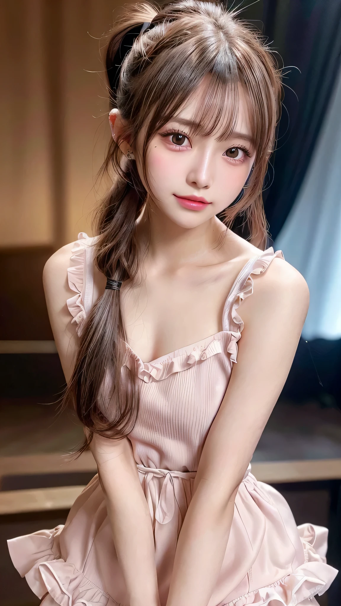 Close-up of face,Blushing,Facing forward,Close-up of face,Small breasts,,Long hair ponytail,concert,On stage,((8K, Raw photo, Best Quality, Mastepiece:1.2), (Realism, Photorealistic:1.4), (Highly detailed 8K wallpapers), Depth of written boundary, Cinematic Lighting, Soft Light, Detailed Beauty Eye,Shiny and smooth light brown ponytail, Asymmetrical bangs, Shiny skin, Ultra-detailed skins ,It is high resolution., High detail, Detailed hairstyle, Detailed facial beauty, Hyper-realistic, Perfect limbs, Perfect Anatomy ,1 Japanese girl,Famous Japanese Idols, Perfect female body,A shy smile,Short eyelashes,Double-edged eyelids,Look straight here,Hair style: ponytail、She is wearing a skirt with lots of frills,pose is random,Pink frilly dress,Close-up of face