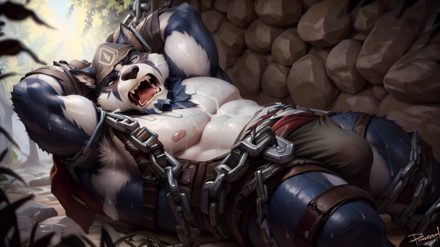 (by darkgem, by null-ghost, by personalami, by honovy), ((High resolution, best quality, masterpiece, high detailed, ultra-detailed face, detailed eyes)),
((Volga, Kemo Coliseum, anthro, furry)), male, Nordic husky, expressive facial, nordic sled dog, tail, fluffy, unconvincing armor, headwear, bandana, (solo),
cum, cum on body, cum on chest, cum on face, cum on bulge, cum through cloth,
((((Sweaty)))), ((closed-eyes)), ((screaming)), (blush),
(arms behind back:1.2),
chain, chain bondage, Restraint, bdsm, bulge,