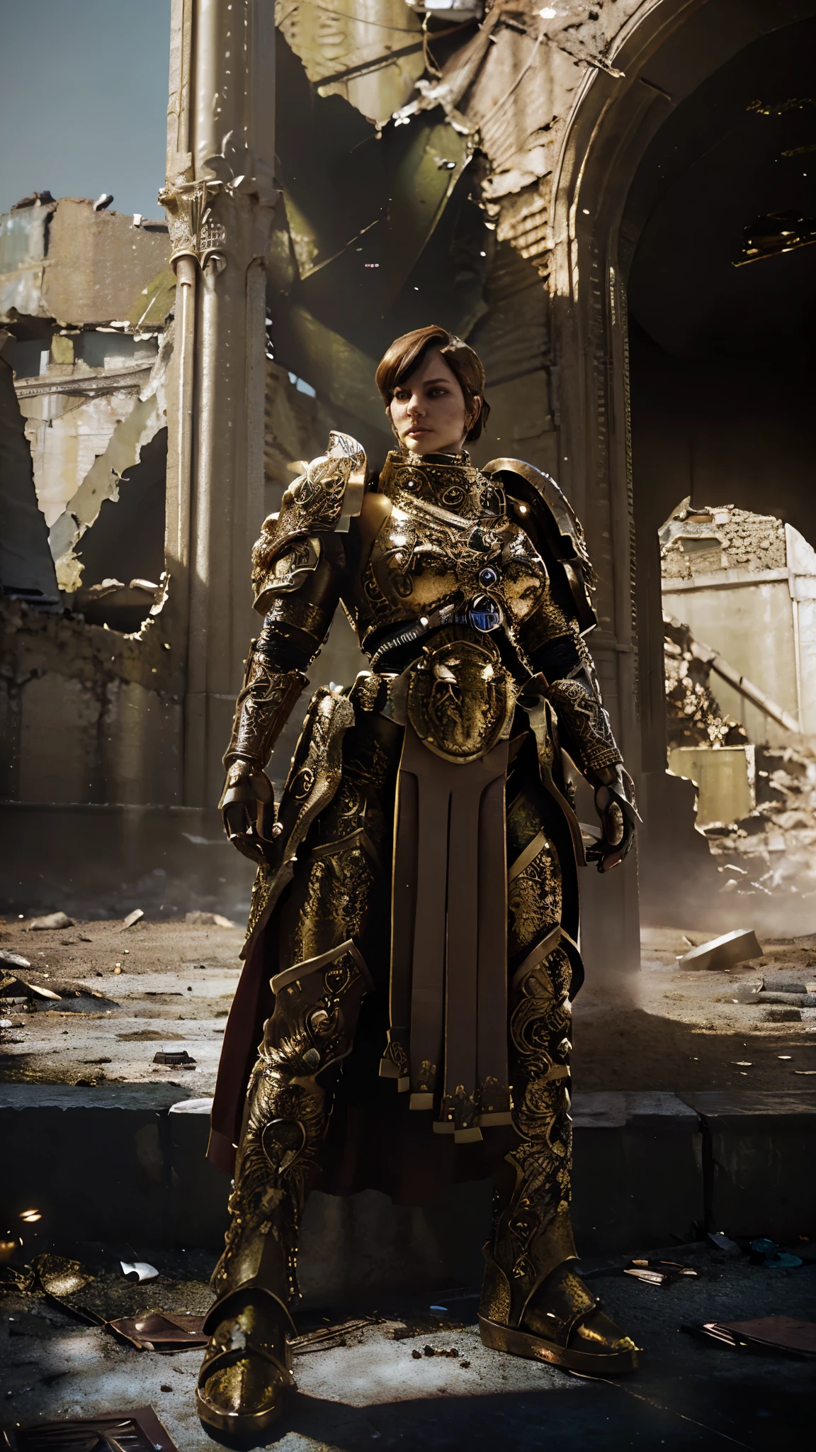 Cinematic render, Photo of female custodes in a desolate landscape with short hair wearing intricate ornamented metallic armor, attractive female face, beautiful face, masterpiece, portrait,
(1girl:1.1), (big pipe:1.1), a ruined city in the distance, ascended
 