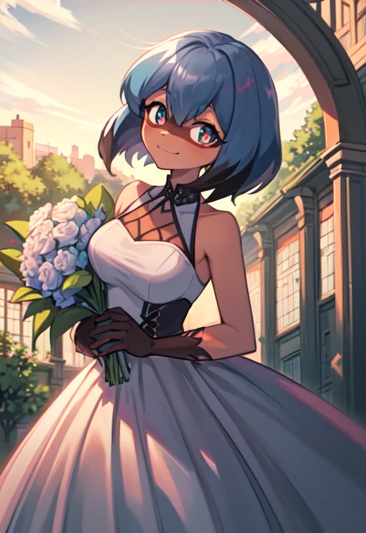 (Meisterwerk, best quality: 1.2), Allein, 1 girl, Michiru Kagemori, smile, den Betrachter anschauen, Holding a bouquet of flowers, Hochzeitskleid, White dress,Kirche,beauty,neckline, big ,Hochzeitsschleier, large