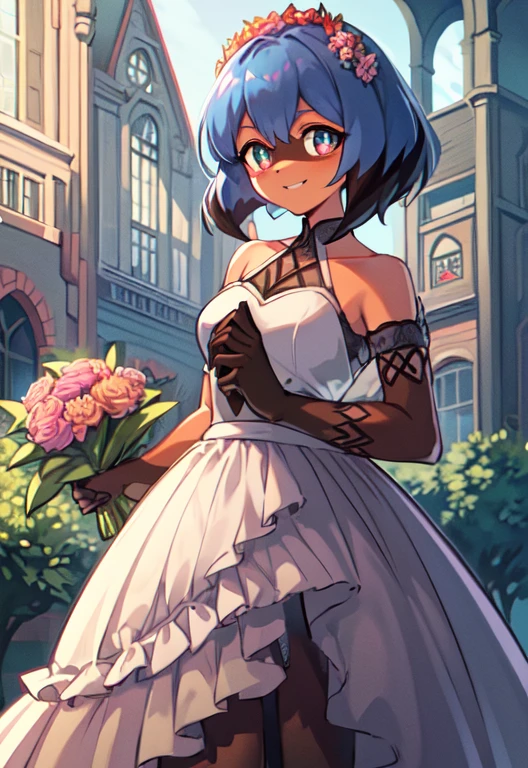 (Meisterwerk, best quality: 1.2), Allein, 1 girl, Michiru Kagemori, smile, den Betrachter anschauen, Holding a bouquet of flowers, Hochzeitskleid, White dress,Kirche,beauty,neckline, big ,Hochzeitsschleier, large