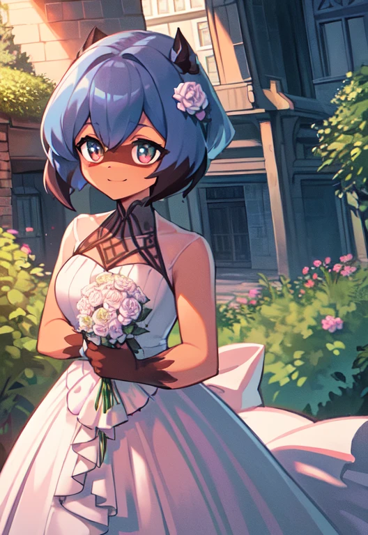 (Meisterwerk, best quality: 1.2), Allein, 1 girl, Michiru Kagemori, smile, den Betrachter anschauen, Holding a bouquet of flowers, Hochzeitskleid, White dress,Kirche,beauty,neckline, big ,Hochzeitsschleier, large