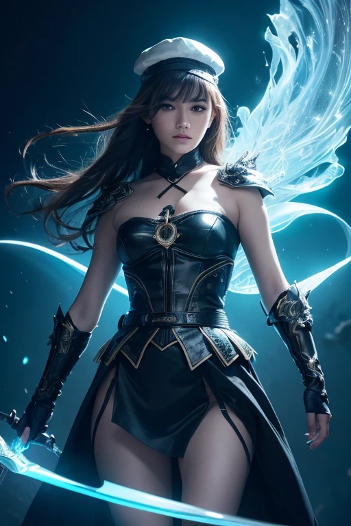 (Obra maestra:1.2), Mejor calidad, (illustration:1.2), (ultra detallado), hiper detalles, (delicado detallado), (detalles intrincados), (cinematic light, Mejor calidad Backlights), Delete line, solista, Cuerpo perfecto, (1 chica),anime a elegant girl, hat cap detailed glowing ribbon ultra detailed, style detailed, most beatiful, soft delicatessen hair, translucent dressing Phantom, long soft dressing,detailed glowing drawing(glowing color hands). black and white. Poster Original ink press octane render digital art stylized, standing in front of the with her magical sword and sword to release blue flame, cool black dregon tattoo on neck and who cut through infinity, she who has touched the void, (constituir), alto contraste, (mejor iluminacion, un extremadamente creado y hermoso), (cinematic light), vistoso,