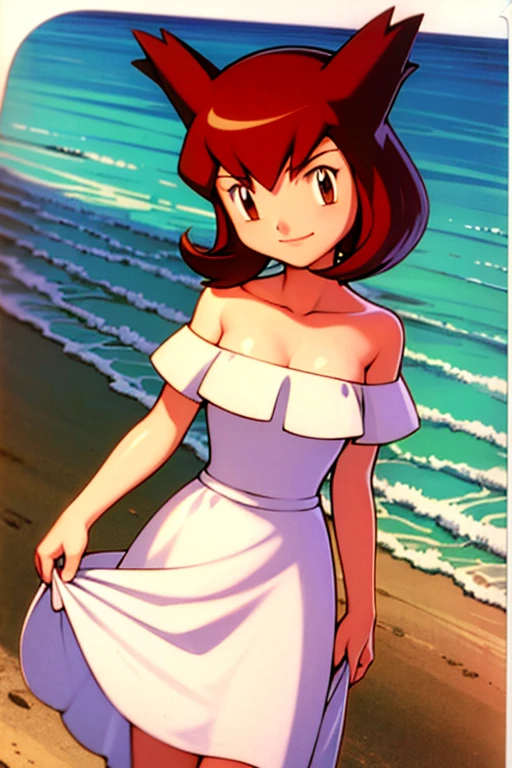 1 girl, solo, Pokemon Heroes (Bianca), Brown Hair, brown eyes, bare shoulders, strapless, off shoulders, white ruffle off the shoulder maxi dress, smile, ocean, cliff, cowboy shot, facing viewer,, absurdres, ultra detailed, masterpiece, best quality, Teenager, pokemovies,