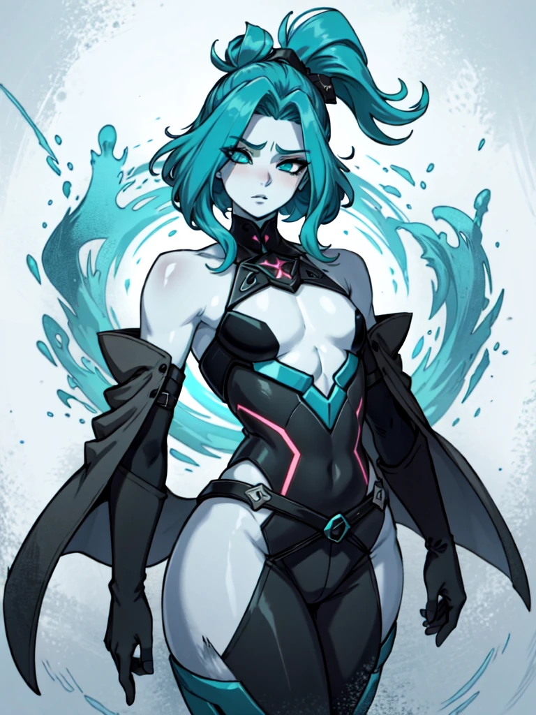 femboy, male, curvy, flat chest, male chest, 1boy, solo, wide hips, bulge, void eyes, pale skin, pale blue skin, tentacle hair, sickly teal hair, eye in chest