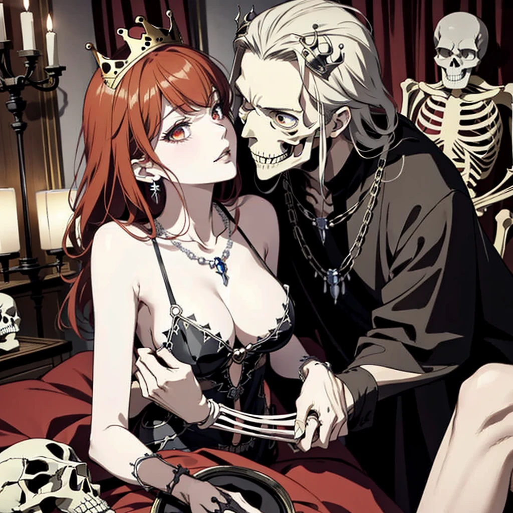 ((highest quality)), ((masterpiece)), (be familiar with), Perfect Face、The Enchanting Body of Celica（FE）、female１peopleと男１people、Red hair、The perfect proportions、semi-long、necklace、Bangles、Caster wheel、Luxury Accessories、first round、Fallen into evil、Skeleton Fall、Blank look、Skull engagement ring、empty eyes、Eyes with lost highlights、Lifeless Eyes、Expression in love、Dark Room、Red magic circle on the floor、大量のSkeleton Candelabraと蝋燭、darkness、A large number of skull objects、Big magic circle on the floor、Skeleton Candelabra、Luxury Jewelry、Skeleton Crown、Large skull pendant、Bone ornaments、Skull Accessories、Temple of the Skeletons、Skeleton Crown、The 70-year-old Skull King is a man、A ton of skeletons、pregnancy、Last month of pregnancy、全naked、naked、Becoming a bony body、７０The 20-year-old Skull King is my husband、７０Become the wife of the 20-year-old Skull King、７０A friendly pairing with the aged Skull King、７０Cuddling with the old man Skull King、７０Old man Skull King is a skeleton、Black bed with luxurious bone decor、Wear a skeleton on your head、incorporated into bones、Bed In、Making love in bed with 70-year-old Skull King、７０Being petted by the old man Skull King、Embracing and deep kissing 70-year-old man Skull King、７０Old man Skull King fondles her breasts and touches her pussy while deep kissing her、I love the 70 year old man Skull King