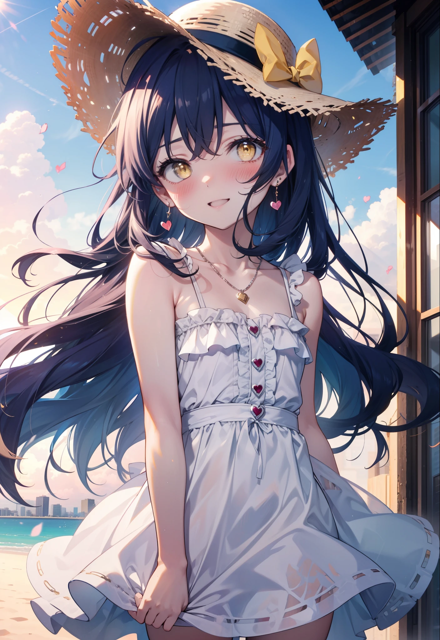 you are so kind, umi sonoda, Long Hair, Blue Hair, (Yellow Eyes:1.5) (Flat Chest:1.2),smile,blush,Open your mouth,Straw hat,Blue long skirt one-piece dress,Cute Sandals,Bare shoulders,Bare arms,bare clavicle,Bare neck,Heart Necklace,Clear skies,Daytime,Light of the sun,City Street,whole bodyがイラストに入るように,
break looking at viewer,whole body, (Cowboy Shot:1. 5)
break outdoors, In town,Building district,
break (masterpiece:1.2), highest quality, High resolution, unity 8k wallpaper, (figure:0.8), (Beautiful fine details:1.6), Highly detailed face, Perfect lighting, Highly detailed CG, (Perfect hands, Perfect Anatomy),