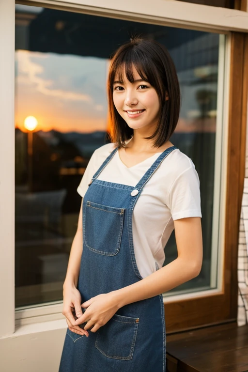 30 years old
Japanese
Super beautiful
Wife
bob hair
T-shirt
jeans
wear an apron
standing in the kitchen
front
smile
evening
sunset from the window