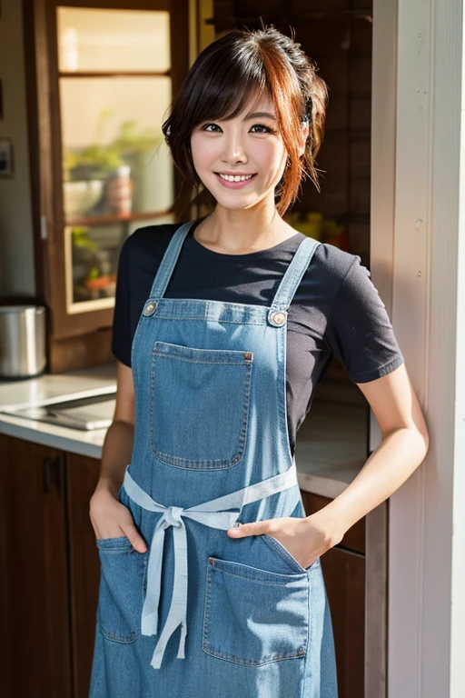 30 years old
Japanese
Super beautiful
Wife
bob hair
T-shirt
jeans
wear an apron
standing in the kitchen
front
smile
evening
sunset from the window