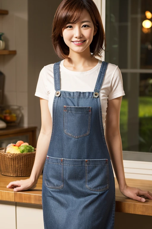 30 years old
Japanese
Super beautiful
Wife
bob hair
T-shirt
jeans
wear an apron
standing in the kitchen
front
smile
evening
sunset from the window
