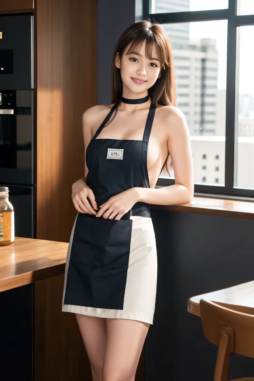 highest quality,masterpiece,Ultra-high resolution, (Realistic:1.4), girl, 18-year-old, (Firm breasts:1.2), (Slim face:1.2, Narrow waist, Thin legs), Charm, look at each other, Dynamic Shot, (Black Choker) , (bangs), Blue Eyes, smile, Big Breasts, ((Naked Apron, Work Apron))、very long eyelashes, ((Skyscraper district)), (Nipples:-1), No sleeve、Shooting from the side、slender face、Slim face