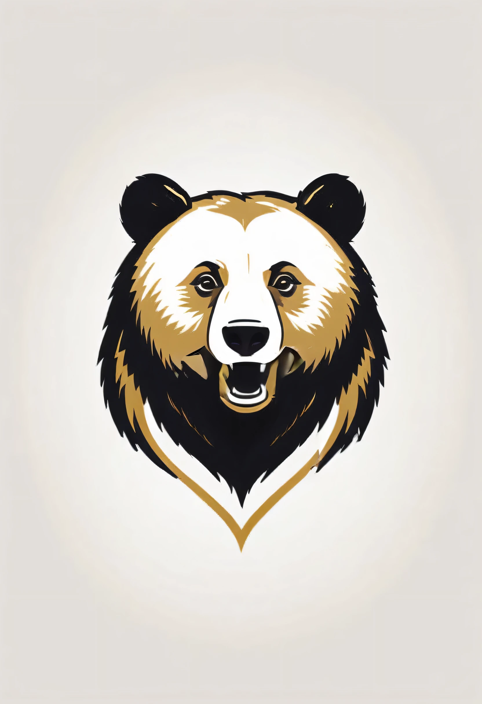 Logo design of an authoritative bear, adorned with black and gold hues, its sharp gaze capturing viewer's attention, styled with elegance. Hyper-detailed, in sharp focus, achieving an elegant balance, embracing uniqueness, tiny yet meticulously detailed, of superior quality, minimalist interpretation, soaked in simplicity