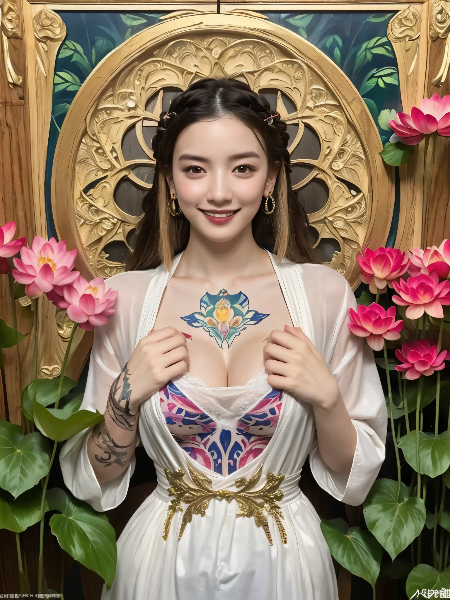 High resolution symmetrical images,    Japanese film photo of a woman with colorful tattoos on her waist, chest and arms,  Big mouth cleavage、(((Full body tattoos)))、 Large tattoo on the chest、(Lotus tattoo)、 (close up chest, Underarm, 胸のAngle from below), blonde braids, short hair, ((Art Nouveau)), (Ecstasy Face), (Alphonse Mucha), Small earrings, ((on the road, wood, Buildings in medieval Europe)), Angle from below、(Anatomically correct)、（Perfect body proportions)、(Natural Hands、Natural Fingers)、(Breast Goddess, Woman born from flowers, ((Round face)), Realistic Eye Size, Droopy eyes, smile,I&#39;m bathed in dazzling light
