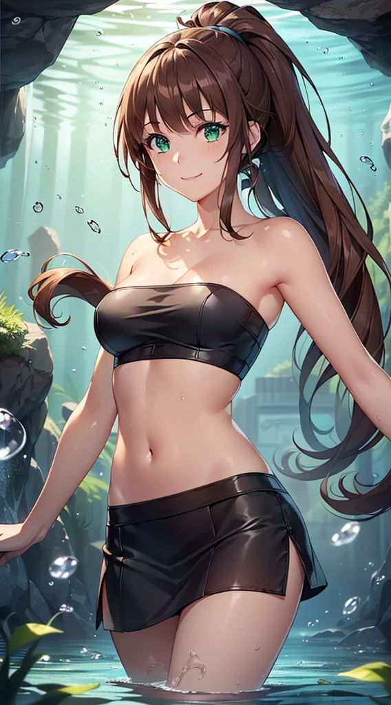 masterpiece, best quality, very aesthetic, absurdres, newest,1girl, small_tits, areola_slip,,tifa lockhart, final fantasy, white crop top, elbow pad, fingerless gloves, suspenders, pencil skirt, white tshirt, sexy look, short skirt, miniskirt, pencil skirt,in aquarium