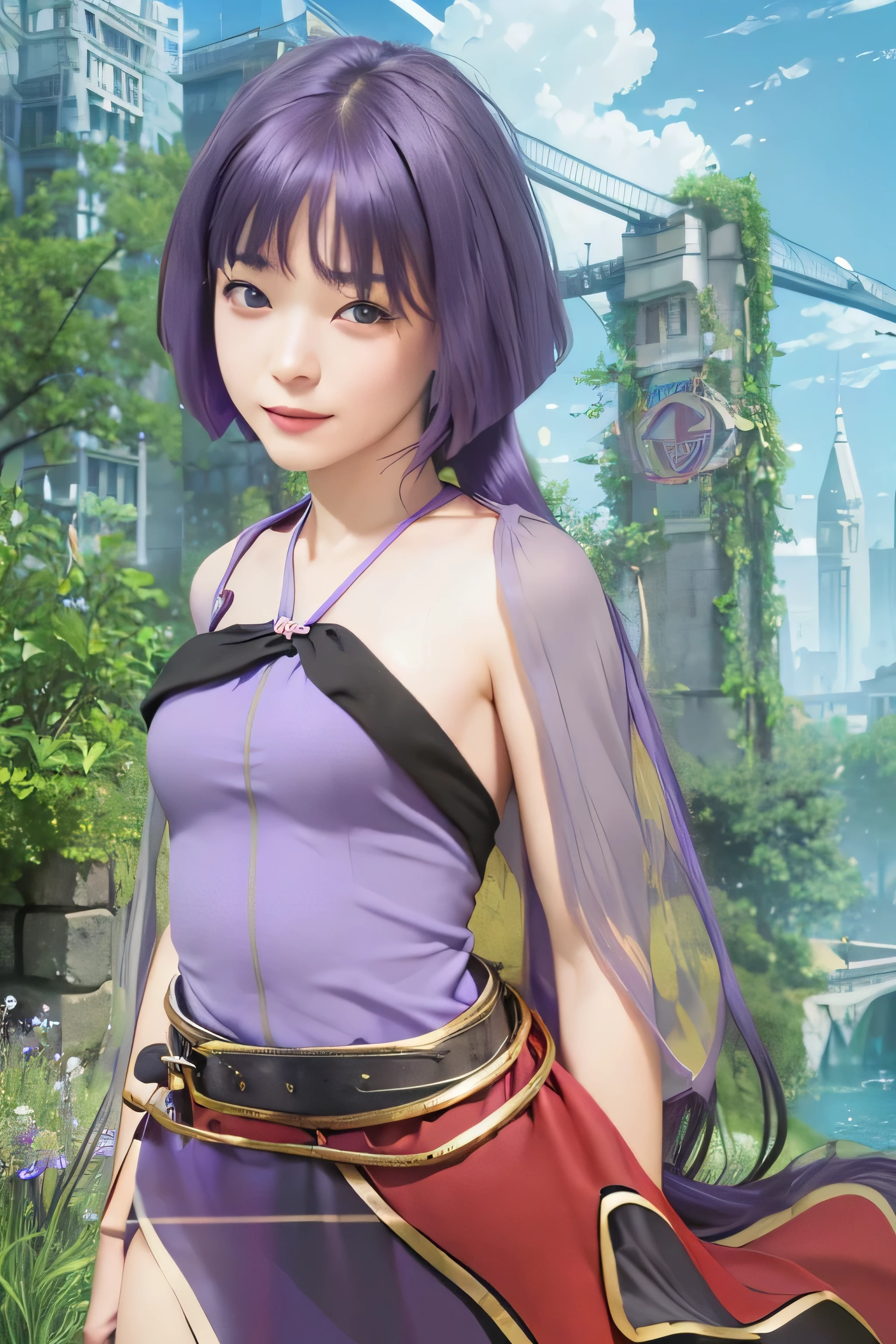 masterpiece, best quality, (realistic,photo-realistic:1.4), (RAW photo:1.2), extremely detailed CG unity 8k wallpaper, delicate and beautiful, amazing,finely detail, official art, absurdres, incredibly absurdres, huge filesize, ultra-detailed,extremely detailed eyes and face,light on face,sumire kakei,(little smile),(purple hair:1.4),(long hair:1.6),(wearing purple dress :1.4),garden,city background,red skirt,red belt,(grey robe:1.5)