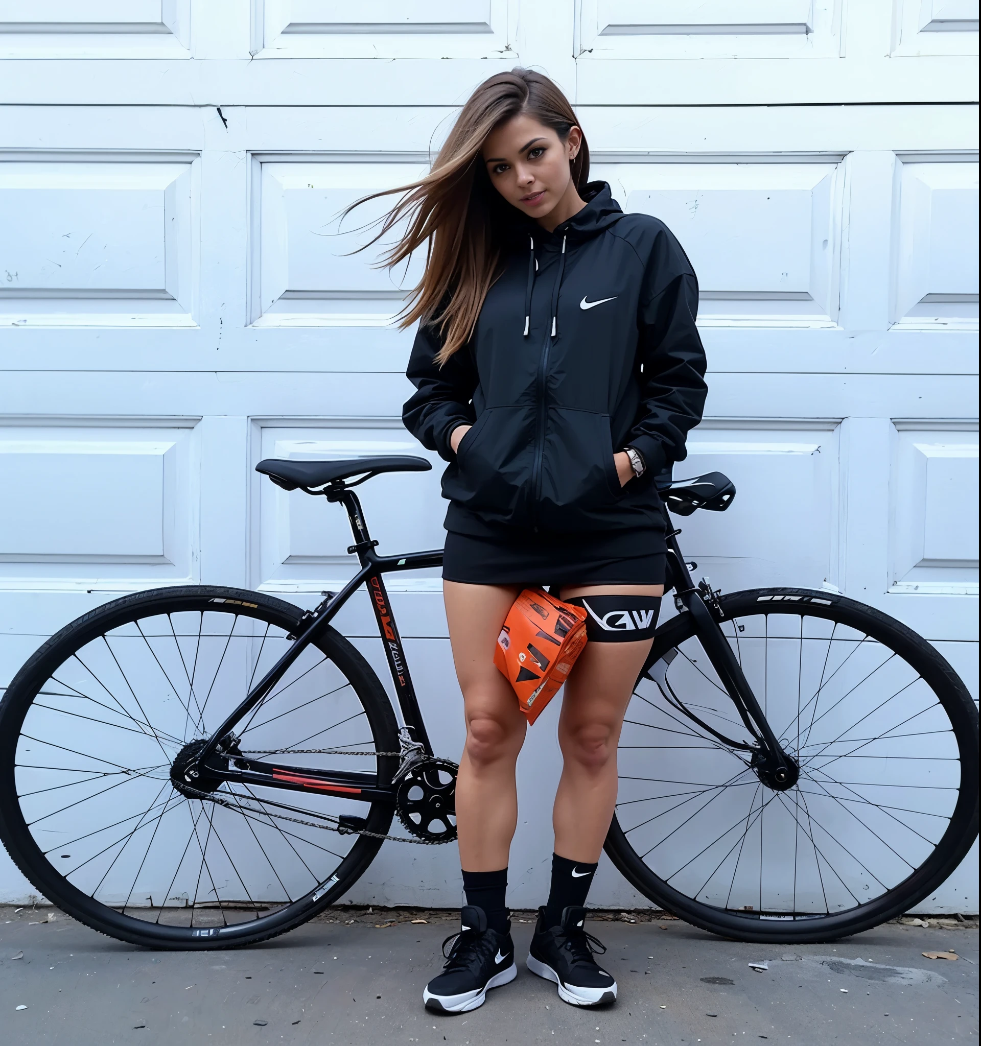 a woman standing next to a bicycle in front of a garage gate, Fato de ciclismo Nike, sutiã e shorts streetwear, capuz pretoie, fotografia de uma mulher techwear, mulher baixa e robusta, she is wearing streetwear, Andar de bicicleta, dressed capuz pretoie, anda de bicicleta, foto adequada, in a capuz pretoie, capuz preto, wearing a capuz pretoie, 2 women in technological clothes