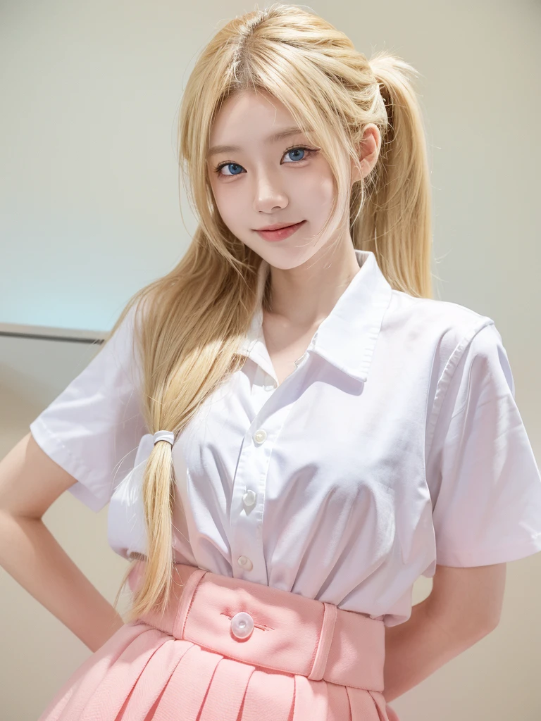 a Japanese high school student, long blonde hair in a ponytail, blue eyes, , white collared shirt, white button-up shirt, short-sleeved shirt, long pink skirt, smiling sweetly, 2 finger pose