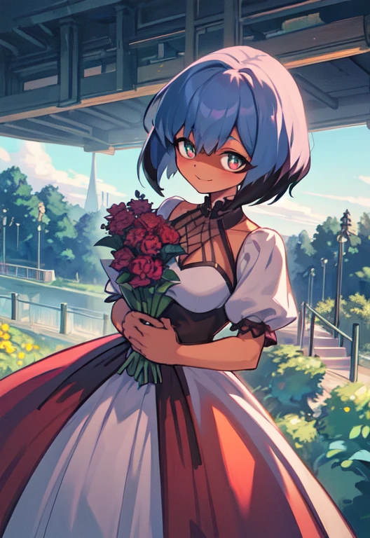 (Meisterwerk, best quality: 1.2), Allein, 1 girl, Michiru Kagemori, smile, den Betrachter anschauen, Holding a bouquet of flowers, kleid, White dress,beauty,neckline, big , large