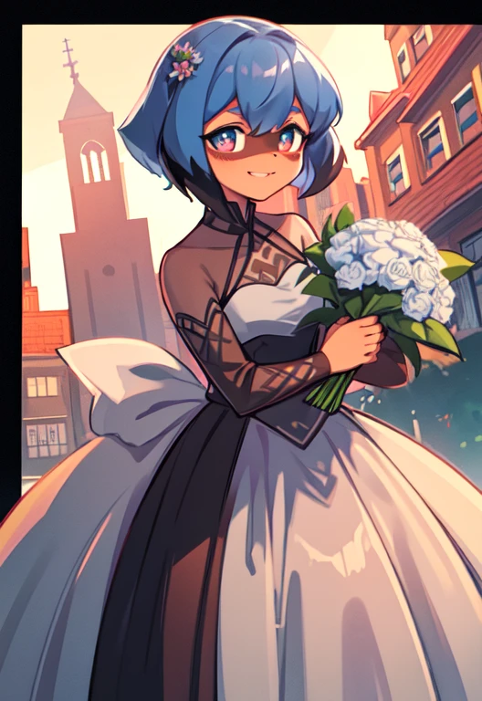 (Meisterwerk, best quality: 1.2), Allein, 1 girl, Michiru Kagemori, smile, den Betrachter anschauen, Holding a bouquet of flowers, kleid, White dress,beauty,neckline, big , large