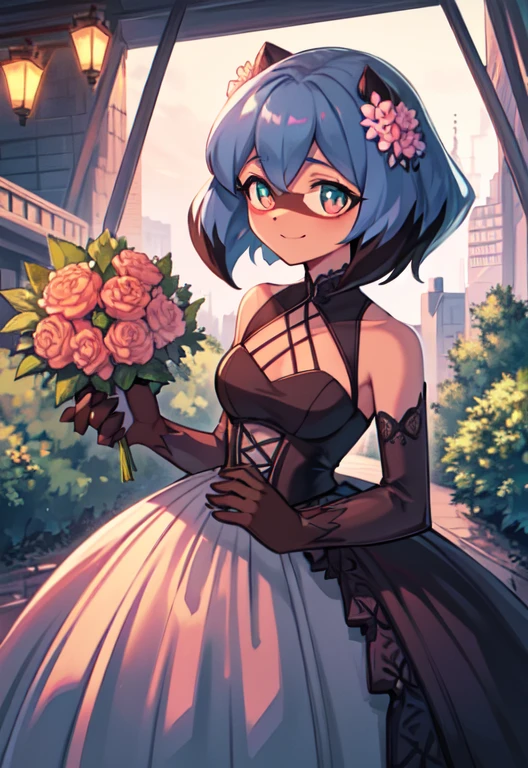 (Meisterwerk, best quality: 1.2), Allein, 1 girl, Michiru Kagemori, smile, den Betrachter anschauen, Holding a bouquet of flowers, kleid, White dress,beauty,neckline, big , large