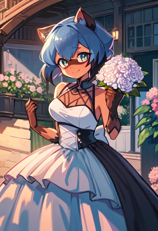 (Meisterwerk, best quality: 1.2), Allein, 1 girl, Michiru Kagemori, smile, den Betrachter anschauen, Holding a bouquet of flowers, kleid, White dress,beauty,neckline, big , large