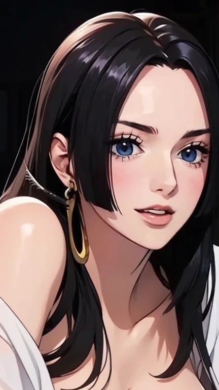 (((artwork))), (((better quality))), ((Super detailed)), (Highly detailed CG illustrations), Boya Hancock, (National Foundation:1.4), (artwork:1.5), Detailed photos, Smile着, Sensual, (better quality: 1.4), (a surreal girl), Pretty Face, (Black Hair, Long hair: 1.3), Lindo Hairstyle,  Beautiful and delicate eyes, (Ultra-realistic skin), Beautiful Skin, absurd, attractive, Ultra-high resolution, HD, Shameful naughtiness, (Sexual arousal:1.5), Pink white skin, Cool white light, Sexy powerful pose, (Perfect breasts, Huge nipples showing, Obvious cleavage), black background, Pink soft white light, Wear a transparent white shirt, Excited and feeling hot, (:1.8), {In the room|Exterior|Simple background}，(Strapless:1.3)，(drunk:1.7)) （curls：0.8）， Black Hair，(blue eyes)，plump，Smile, ashamed, (Face turned red:1.4)，Looking at the camera, 