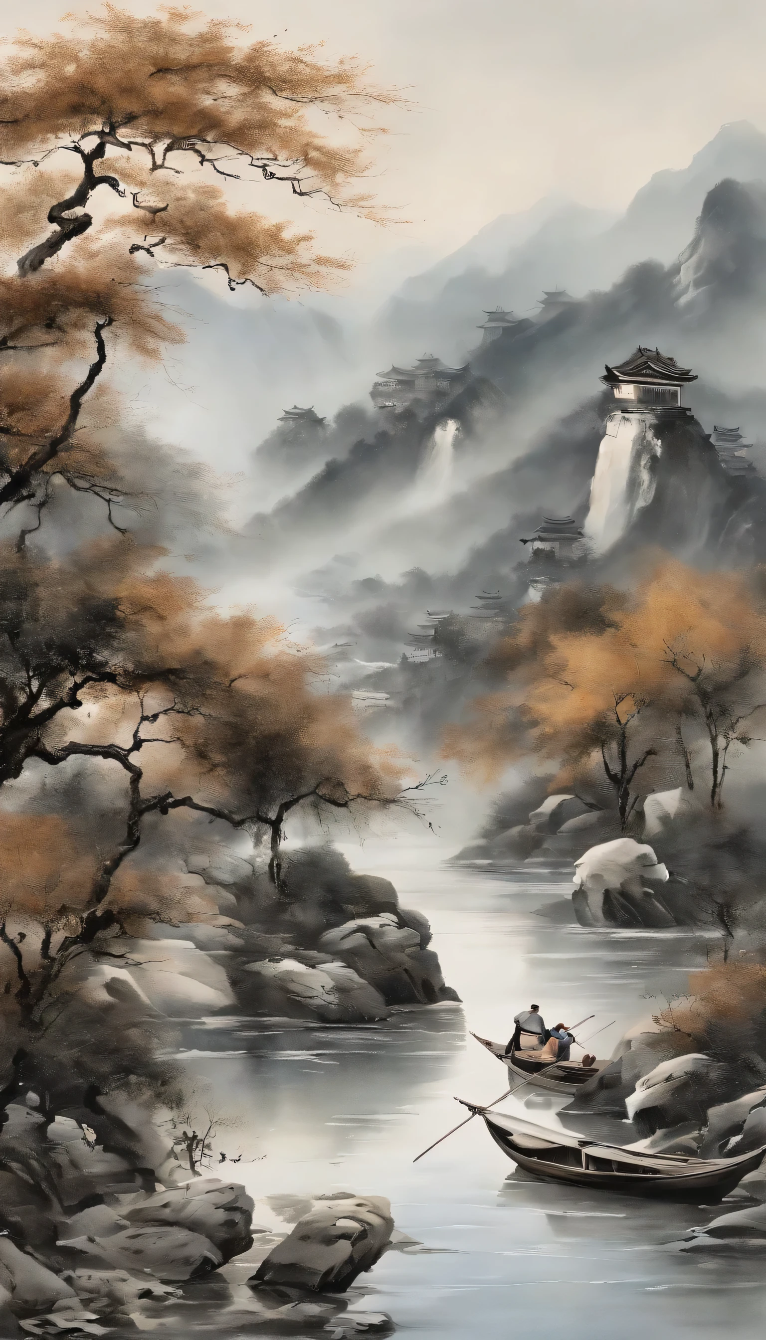 Water ink painting，on rice paper，Use thick, Light-colored water creates shadow changes and layers，Choose the right ink color，Such as deep black、Thick ash、light coffee, ETC，express different situations and atmospheres，Control the gradient and transition of ink color through the wetness and viscosity of ink，Monte，water，Tree，Lake，Small broken boat，desolate, desolate, ，black and white tones，死Tree， 传统中国Water ink painting, Traditional Chinese Art, author：Guo Xi, author：Ma Yuanyu, traditional Chinese painting, author：Xu Xi, author：Luo Mu, author：Yang Buzhi, author：Li Kelan, author：Zhi&#39;an, Water ink painting ) ) ) ), 中国Water ink painting, Traditional Chinese painting style