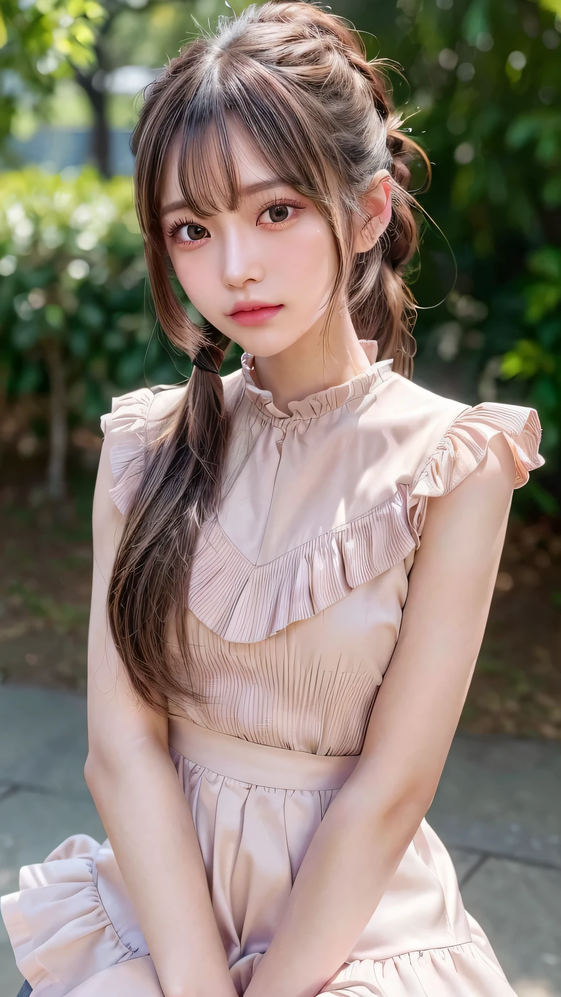 Close-up of face,Blushing,Facing forward,Close-up of face,Small breasts,14 years old,Long hair ponytail,concert,On stage,((8K, Raw photo, Best Quality, Mastepiece:1.2), (Realism, Photorealistic:1.4), (Highly detailed 8K wallpapers), Depth of written boundary, Cinematic Lighting, Soft Light, Detailed Beauty Eye,Shiny and smooth light brown ponytail, Asymmetrical bangs, Shiny skin, Ultra-detailed skins ,It is high resolution., High detail, Detailed hairstyle, Detailed facial beauty, Hyper-realistic, Perfect limbs, Perfect Anatomy ,1 Japanese girl,Famous Japanese Idols, Perfect female body,A shy smile,Short eyelashes,Double-edged eyelids,Look straight here,Hair style: ponytail、She is wearing a skirt with lots of frills,pose is random,Pink frilly dress,Close-up of face