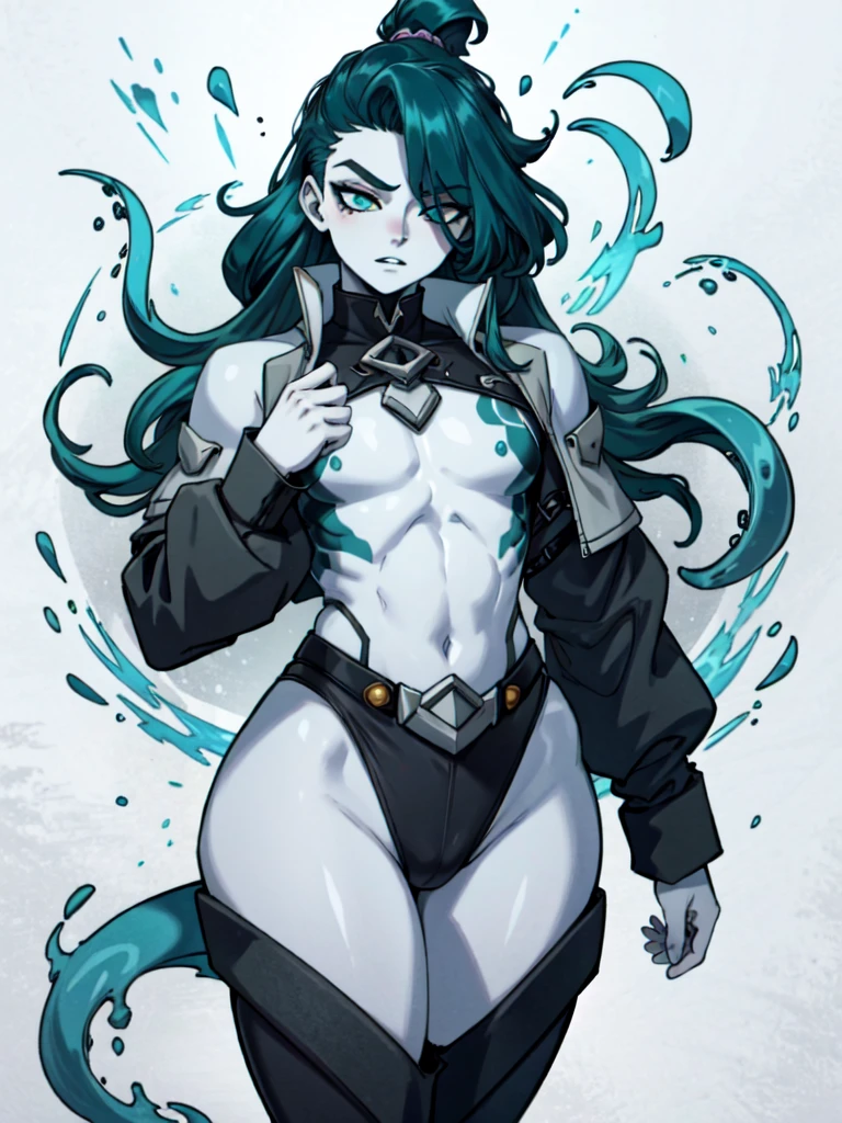 femboy, male, curvy, flat chest, male chest, 1boy, solo, wide hips, bulge, void eyes, pale skin, pale blue skin, tentacle hair, sickly teal hair, eye in chest, tentacles