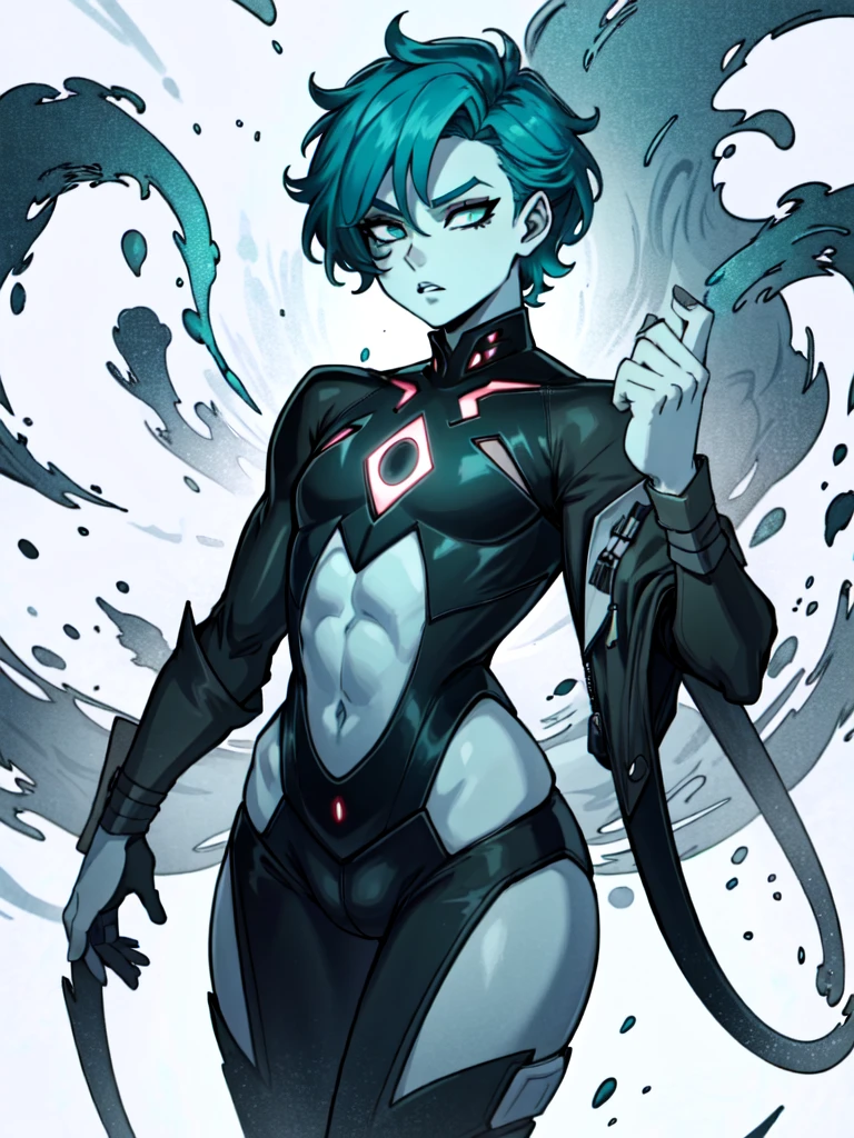 femboy, male, curvy, flat chest, male chest, 1boy, solo, wide hips, bulge, void eyes, pale skin, pale blue skin, tentacle hair, sickly teal hair, eye in chest, tentacles