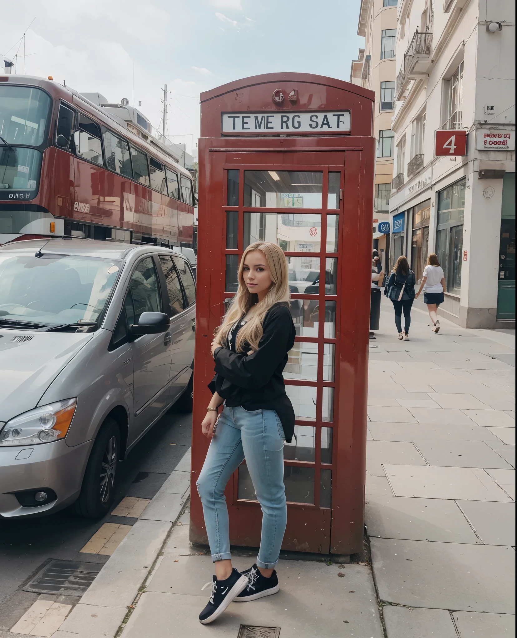 Make blonde Amanda in the same pose wearing an identical outfit in a setting exactly like the one in the photo, cabelo loiro, corpo malhado e bunda grande, roupa apertada