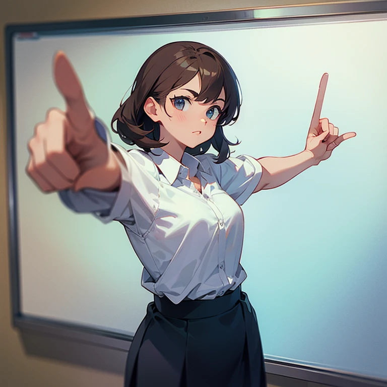 Teacher pointing at a blank whiteboard